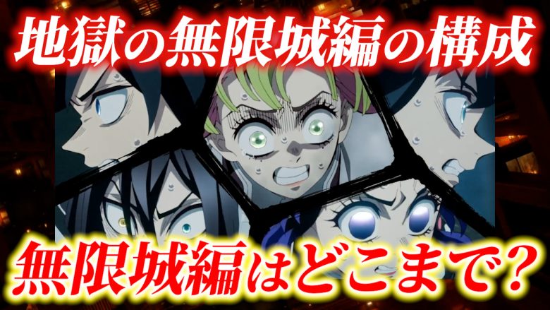 アニメ「鬼滅の刃」のキャラクター、冨岡義勇、甘露寺蜜璃、時透無一郎、胡蝶しのぶのイラストが描かれた画像。「地獄の無限城編の構成 無限城編はどこまで？」というテロップが表示されている。劇場版「鬼滅の刃」無限城編の構成を予想する動画の一場面。鬼滅の刃, 無限城編, 劇場版, 構成