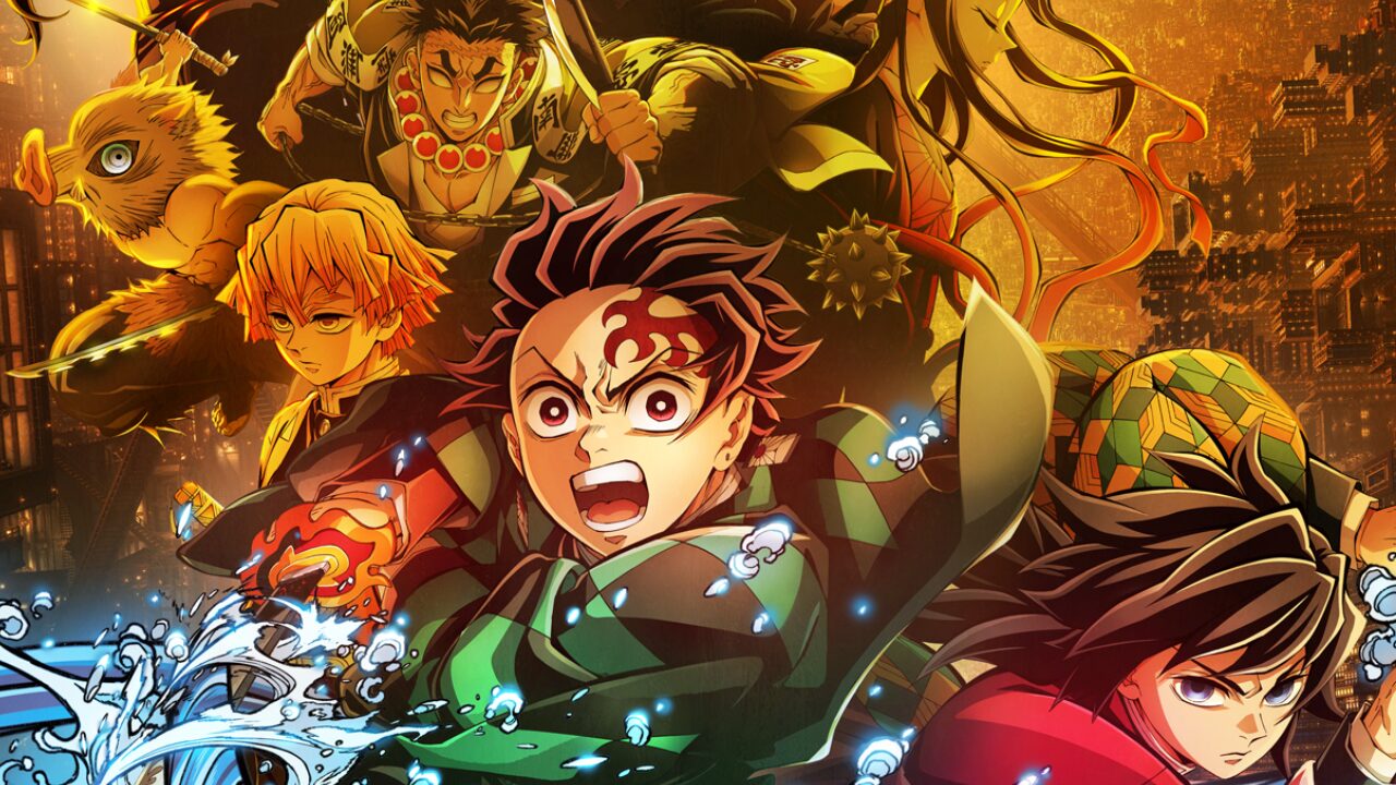 「鬼滅の刃 無限城編」の最終決戦を描いたキービジュアル。中央で剣を構える竈門炭治郎を中心に、鬼殺隊の仲間たちが集結し、壮絶な戦いに挑む様子。記事ではこの死闘のネタバレ・考察を詳しく解説しています。