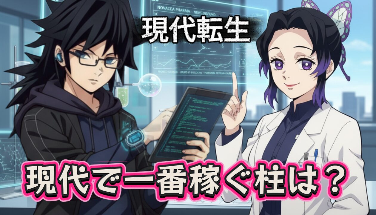 鬼滅の刃の柱、冨岡義勇と胡蝶しのぶの現代転生イラスト。精密機器技術者の冨岡と研究職のしのぶが、現代で一番稼ぐ柱は誰かという職業考察を象徴している。