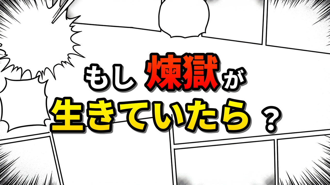 漫画のコマ割り風の背景に「もし煉獄が生きていたら？」という赤と黄色の文字が大きく表示されています。鬼滅の刃の煉獄杏寿郎が生存するifストーリーの可能性を問いかける画像です。