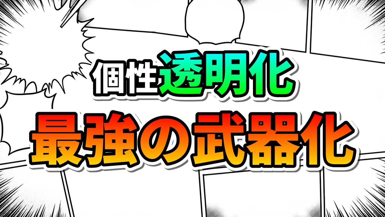漫画風の背景に「個性 透明化 最強の武器化」と書かれたグラフィック。葉隠透の能力進化を表現。