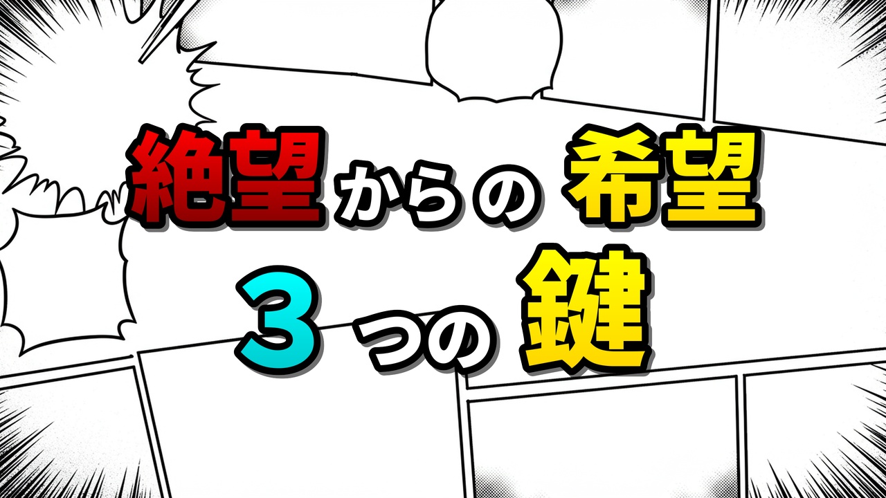 漫画『鬼滅の刃』のタイトル風デザイン。「絶望からの希望 3つの鍵」と書かれており、背景には漫画のコマ割りが描かれている。竈門炭治郎の物語から学ぶ逆境を乗り越える教訓を示唆。