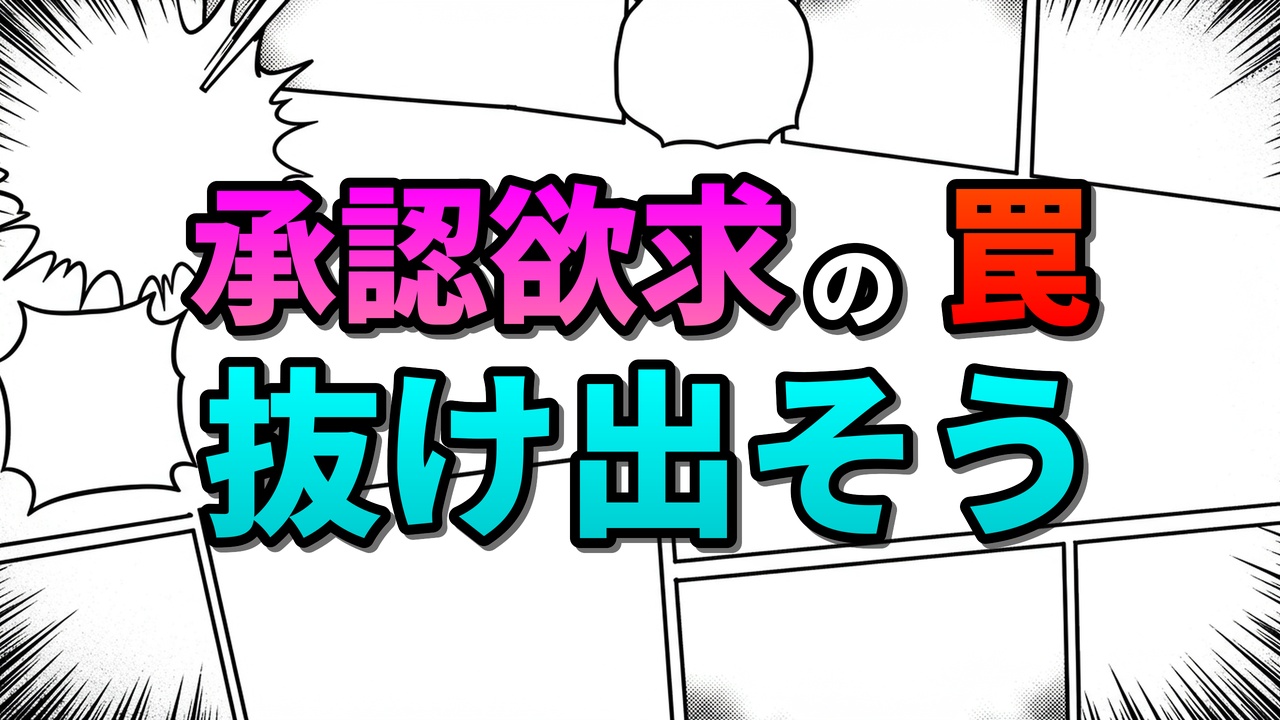 「承認欲求の罠」というタイトルの画像。漫画の吹き出しのようなデザインで、「承認欲求の罠」と「抜け出そう」という文字が、ピンク、赤、水色のグラデーションで描かれている。