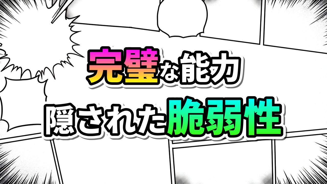 漫画のコマ割り背景に「完璧な能力」とピンクと黄色のグラデーション文字、「隠された脆弱性」と水色と緑のグラデーション文字が大きく表示されている画像。