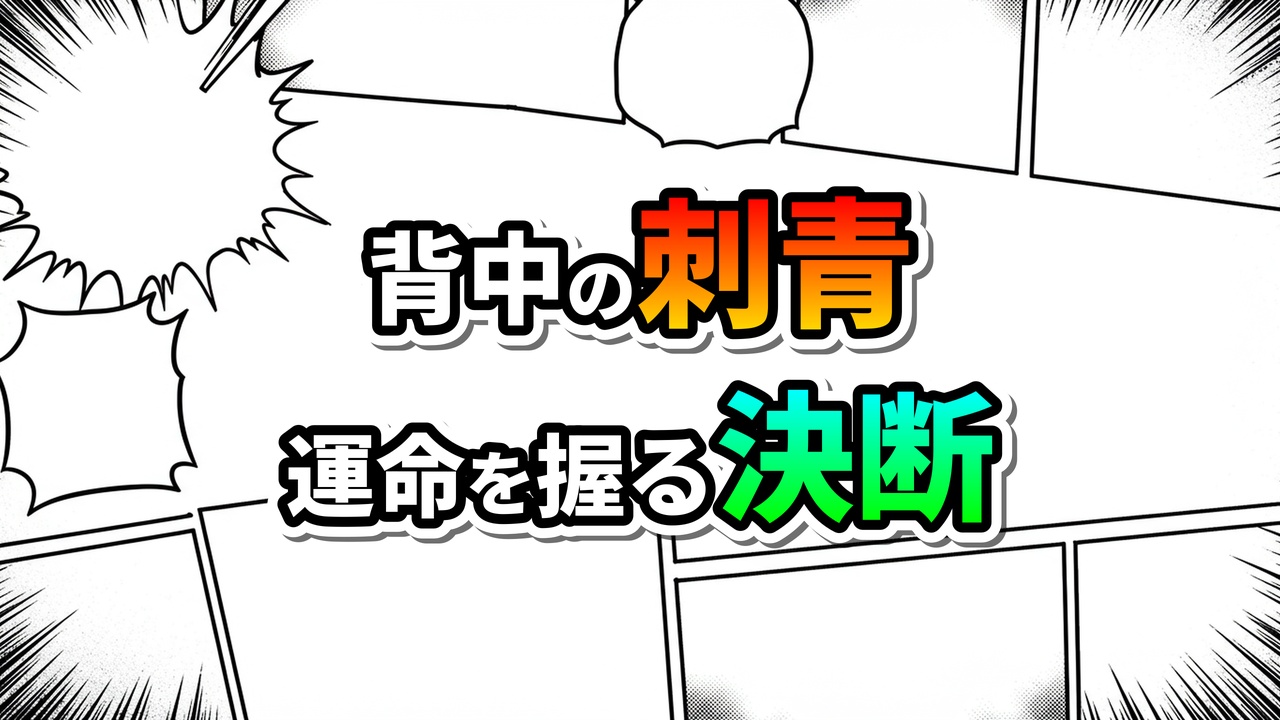 漫画風の白黒パネル背景に「背中の刺青」と「運命を握る決断」の文字がカラフルに配置されたタイトル画像。リザ・ホークアイの物語を示す。