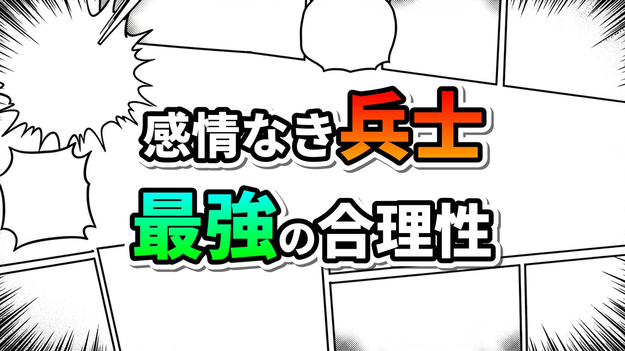 漫画のコマ割りを背景に、「感情なき兵士」と赤オレンジ、「最強の合理性」と緑青の文字が書かれた画像。ヴィンスモーク・ヨンジの冷徹な合理性を表現しています。