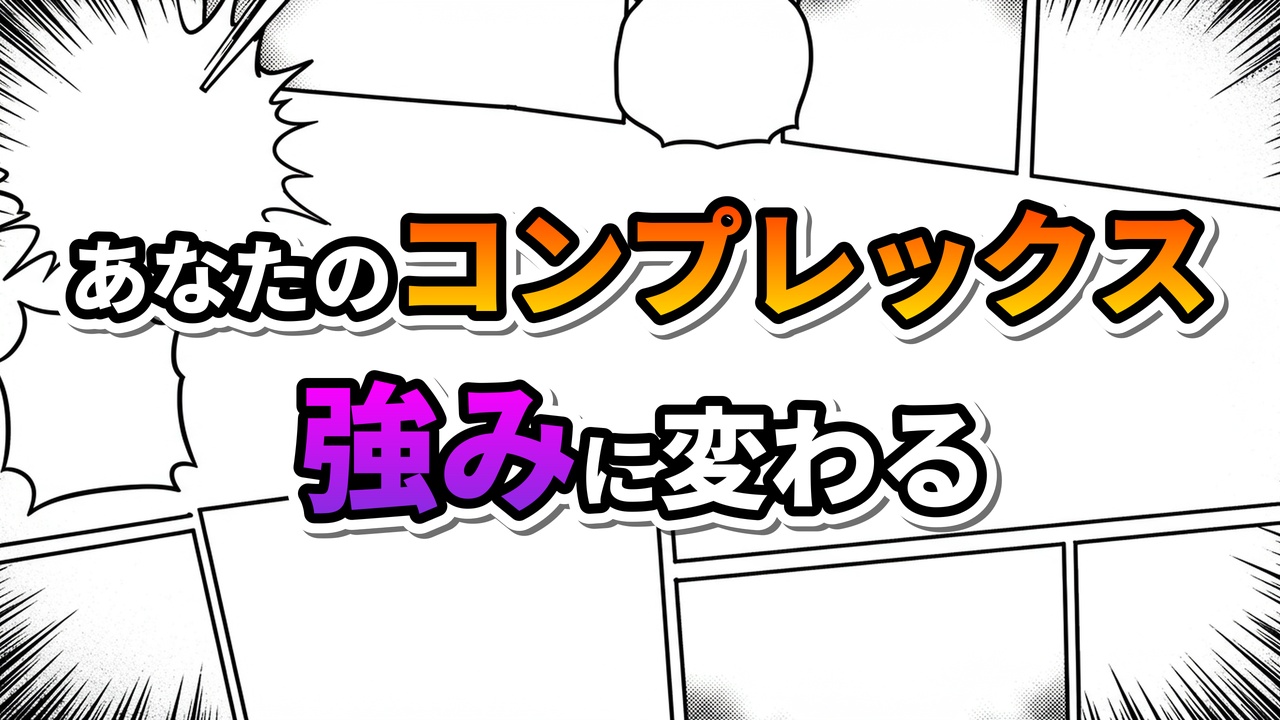 漫画風の背景に「あなたのコンプレックス 強みに変わる」という日本語の文字が中央に表示された画像。背景には集中線とフキダシが描かれています。