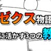 漫画のコマ割りを背景に、オレンジ色の「ゼクス物語」と水色の「現代に活かす３つの教訓」と書かれた、新機動戦記ガンダムWのゼクス・マーキス考察記事のタイトル画像。